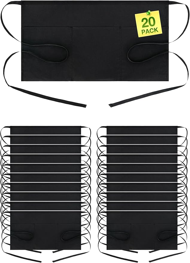 BOHARERS Waist Apron with 3 Pockets - Black Waitress Waiter Server Short Aprons