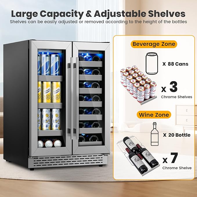 Wine and Beverage Refrigerator,24 inch Dual Zone Upgrade Compressor Wine Cooler 20 Bottle & 88 Cans,Built in or Under Counter Wine Fridge with Glass Door for Bar and Home