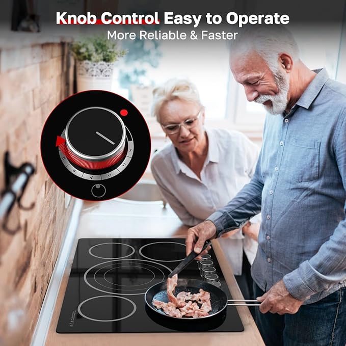 ThermoMate 30 Inch Electric Cooktop, 5 Burners Knob Control Built-in Ceramic Cooktop, 30" Radiant Electric Stove Top of 9000W with 9 Heat Levels, Hot Surface Indicator, 220-240v, Hard Wired