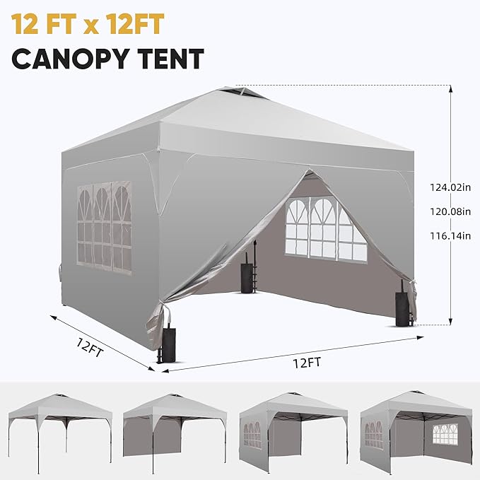Saemoza 12x12 Pop Up Canopy Tent with One Push Setup, Outdoor Sun Shade Canopy with Vent Top for Backyard Party, Easy Up Instant Shelter with 4-Sandbags & Wheel Bag, White.