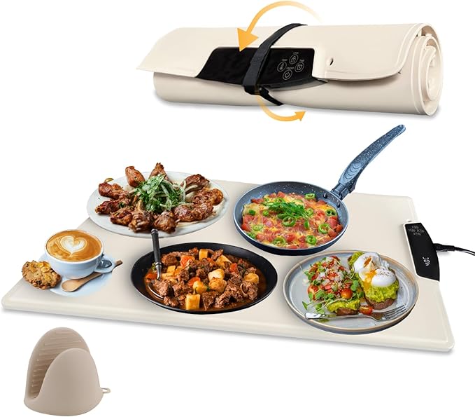 Food Warming Mat - 9 Temp Settings, Rapid Full Surface Heating, Child-Lock, 2-12H Timer, Auto Off, Dual Display - Perfect for Parties, Buffets, Everyday Use - Eco-Friendly Tray (Cream)