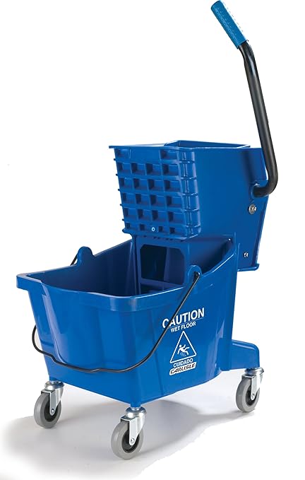 Carlisle FoodService Products 26-Quart Commercial Mop Bucket with Side-Press Wringer, Precision-Molded Polypropylene, Durable Wringer, Bucket with Non-Marking Casters, 18.5 x 16.5 x 23 Inches, Blue