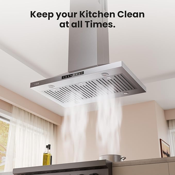 30 Inch Island Range Hood, 390 CFM kitchen Hood with Dual-Sided Touch/Gesture Control, Convertible Ducted/Ductless, Ceiling Mount, 3 Stainless Steel Baffle Filters, 3-Speed Fan