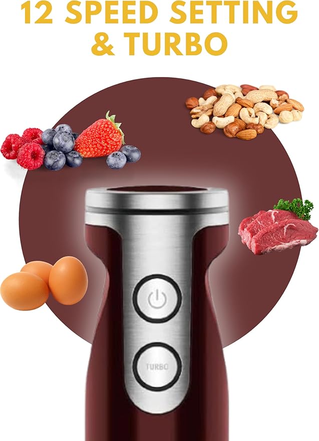 MegaWise Pro Titanium Reinforced 3-in-1 Immersion Corded Hand Blender, Powerful MOTOR with 80% Sharper Blades, 12-Speed Corded Blender, IncludingWhisk and Milk Frother (3-in 1 Red)