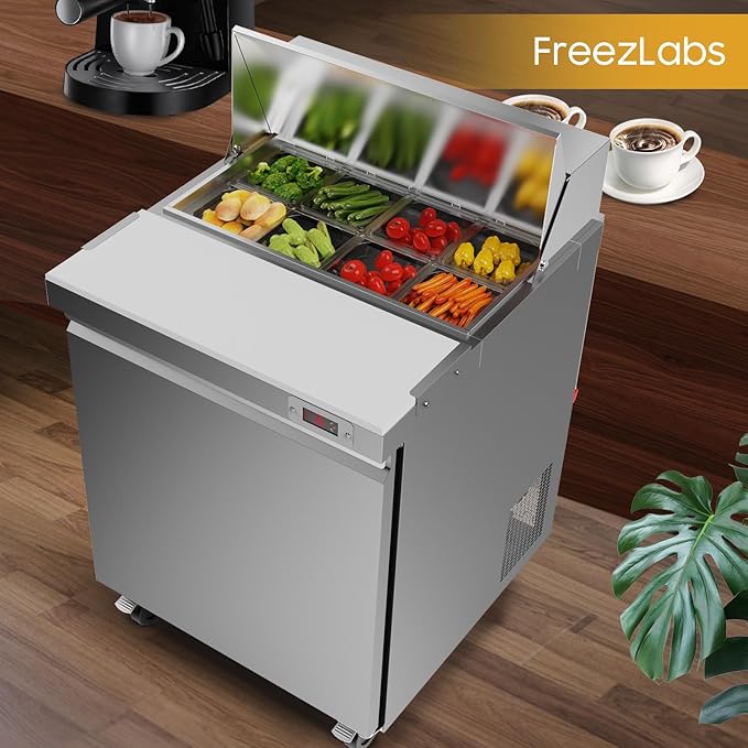 29" Commercial Refrigerator Sandwich&Salad Prep Table Fridge with 8 Pans 1 Door Stainless Steel Counter Fan Cooling Refrigerators
