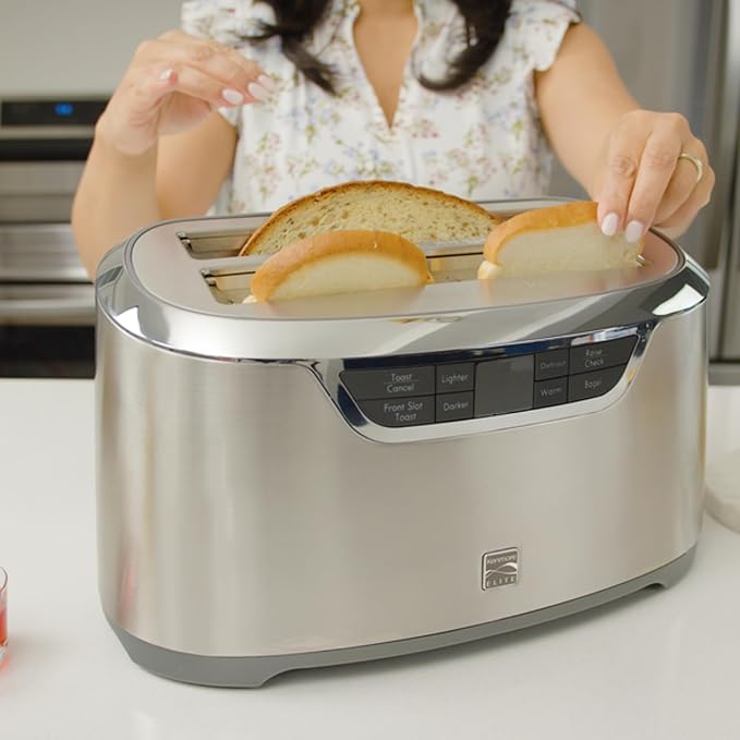 Kenmore Toaster 4 Slice - Extra Wide Slot Countertop Kitchen Appliance, Defrost Function, Grille-Pain, 9 Shade Settings, Easy Clean Crumb Tray, Bread Bagel, Stainless Steel & White (Silver)