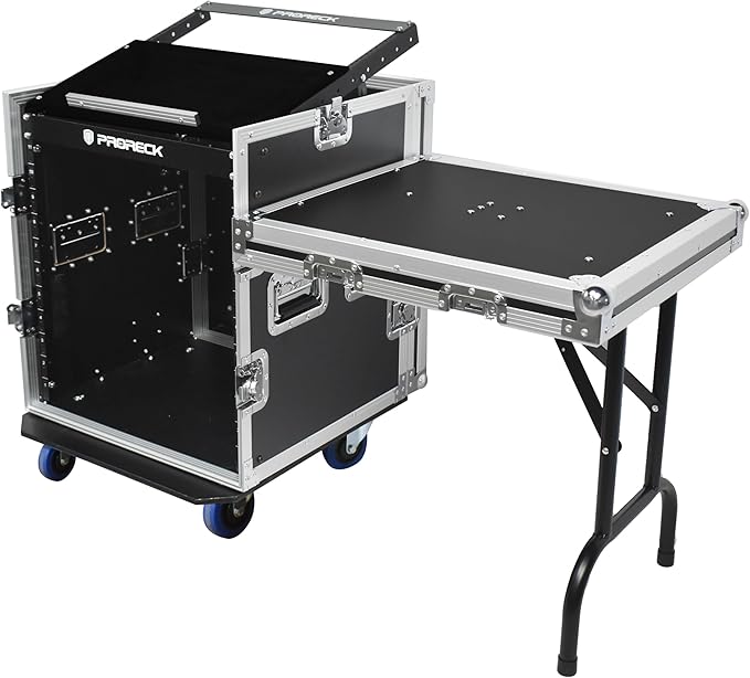 PRORECK 12U Rack/Road Case With Slant Mixer Top, One Side table And Casters, 20'' Rackable Depth, Plywood, 12U Installation Size, Pro Stage Performance.