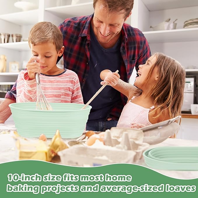 Nuogo 4 Pack Oval Bread Proofing Basket Silicone 10 Inch Collapsible Sourdough Bread Baking Supplies Dough Proofing Bowl with 4 Pcs Dough Scraper and 4 Pcs Basket Covers(Green)