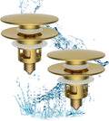 Hibbent 2 Pack All Metal Bathroom Sink Stopper, Universal Pop Up Drain Strainer, Brass Bullet Core Push Type Sink Stopper for 1.1''~2.3'' Basin, Big Push Button, Anti Clogging Filter, Brushed Gold