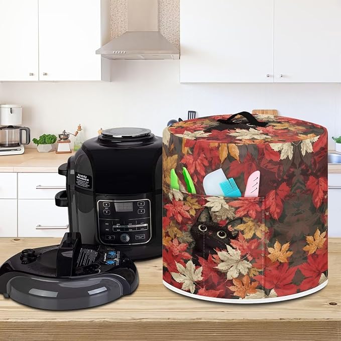 Xoenoiee Cat Maple Leaf Kitchen Appliance Dust Cover with Pockets, Electric Pressure Cooker Cover Compatible with Crock Pot, Rice Cooker Covers Fall Decor, for 3 Qt Pot