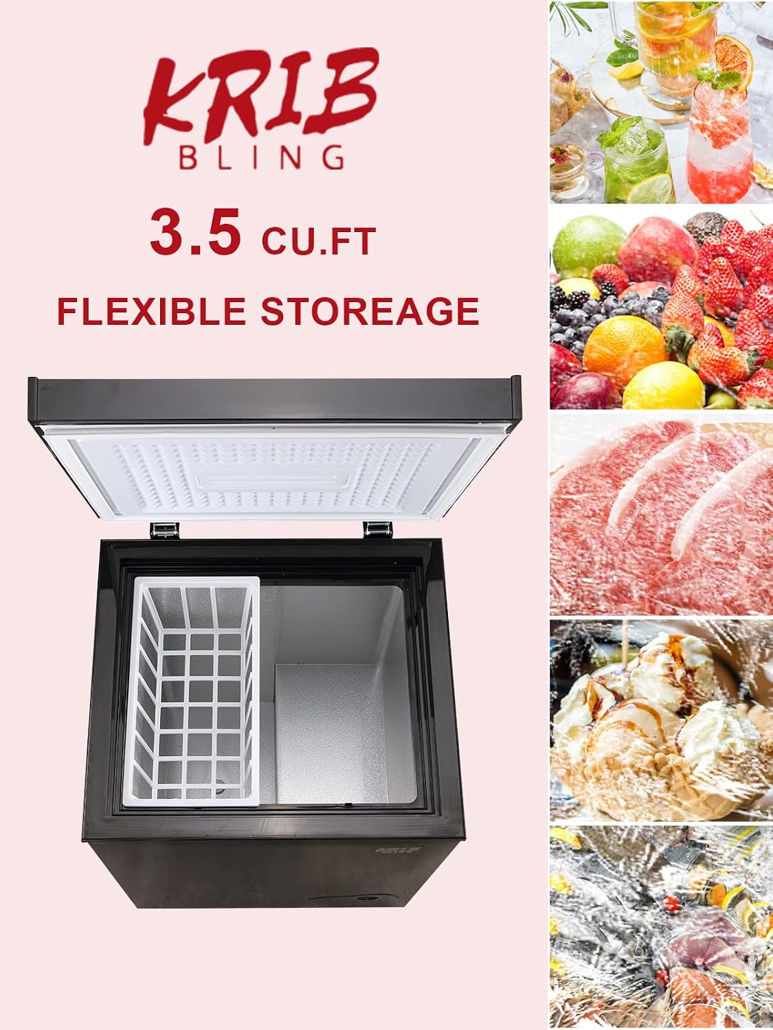 3.5 Cu.Ft Chest Freezer 7 Gears Temperature Control(-4°F to 6.8°F), Deep Compact Freezer with a Removable Basket, for Kitchen, Garage, Basement, Black
