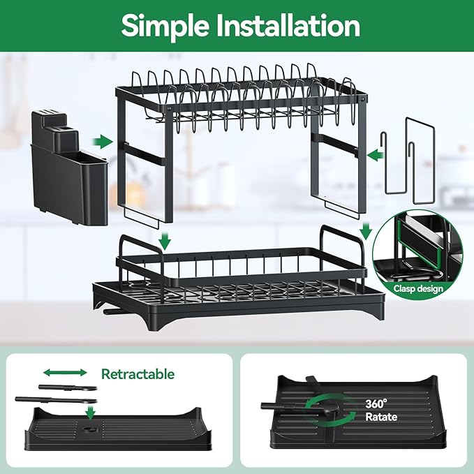 2-Tier Dish Drying Rack with Drainboard, Sink & Countertop Metal Dish Rack Organizer, Dish Drainers for Kitchen Counter, Black