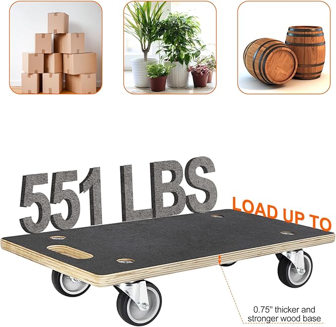 Furniture Movers with Wheels 2 Pack Rectangle Wood Platform Dolly Cart 1100 lbs Capacity Heavy Duty Furniture Mover Carrier with 4 Wheels Small Moving Dolly, Heavy Objects Hauling