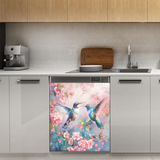 Hummingbird Pinks Flower Dishwasher Magnet Cover, Reusable Refrigerator Panel Stickers Microwave Front Door Covers Magnets for Kitchen Home Appliances Holiday Party Decorations 23 X 26 in
