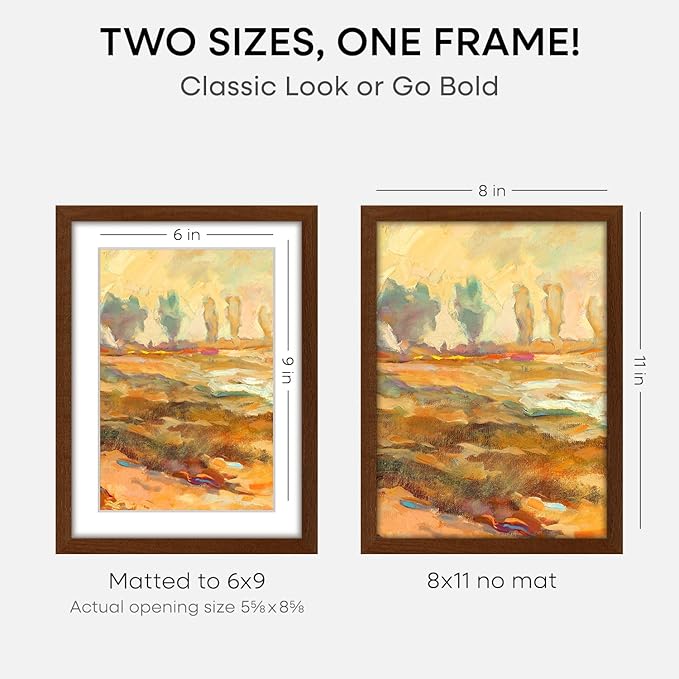 Homeforia 11x8 Picture Frame Brown, High End Dark Oak 8x11 Walnut Wooden Frames with Mat 6x9 Photo, 8 x 11 Wood Frame Matted to 6 by 9 Print, Wall or Tabletop Frame, Tempered Glass, Wall Kit, Set of 3