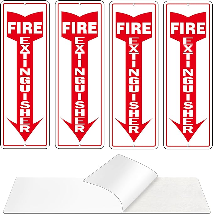 Fire Extinguisher Sign, (4 Pack) Self Adhesive Fire Extinguisher Sticker Signs for Indoor Outdoor, Rust Free Reflective Aluminum Metal Signs for Wall and Door (12 x 4 inches, White/Red)