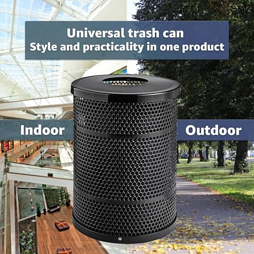 32 Gallon Perforated Trash Can with Flat Lid, Steel Outdoor Heavy-Duty Commercial Waste Bin, Round Recycle Container, Durable Garbage Can for Parks, Municipalities, Schools, Parking