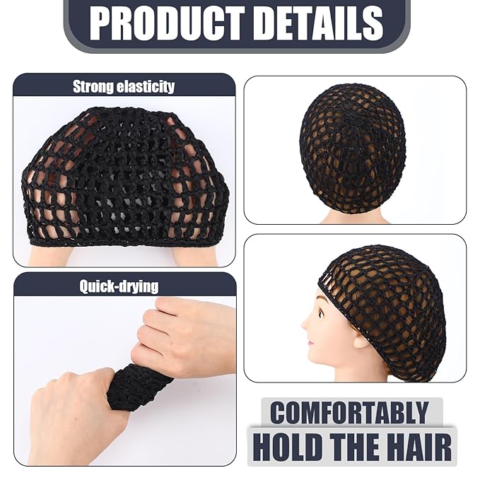 Geyoga 4 Pieces Mesh Crochet Hair Net Rayon Knit Snood Hat Thick Short Women Hairnet Snoods Cover Ornament for Sleeping (Black,Purple,Blue,Pink)