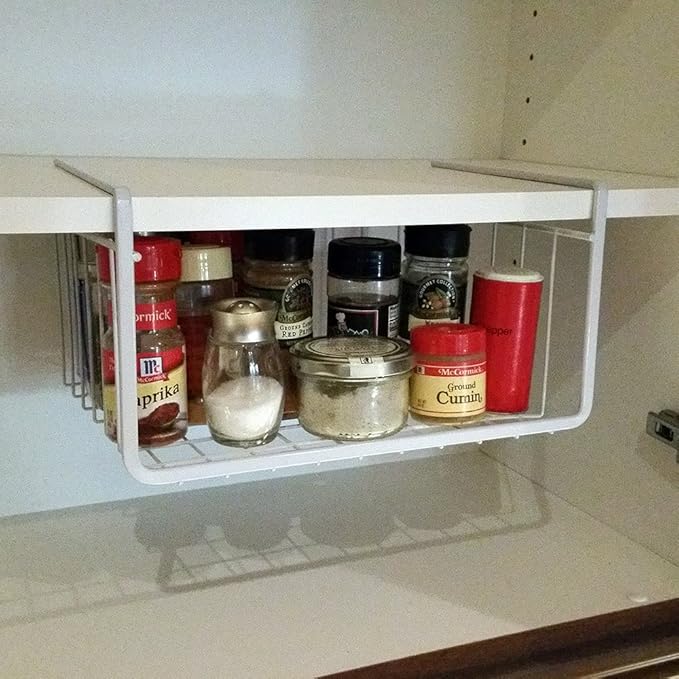 Modern Home Under Shelf Wire Storage Baskets – Hanging Organizer Rack for Cabinet, Pantry, or Closet – White Metal Basket for Kitchen, Towels, or Office – No Tools Required (Set of 2 10.25")