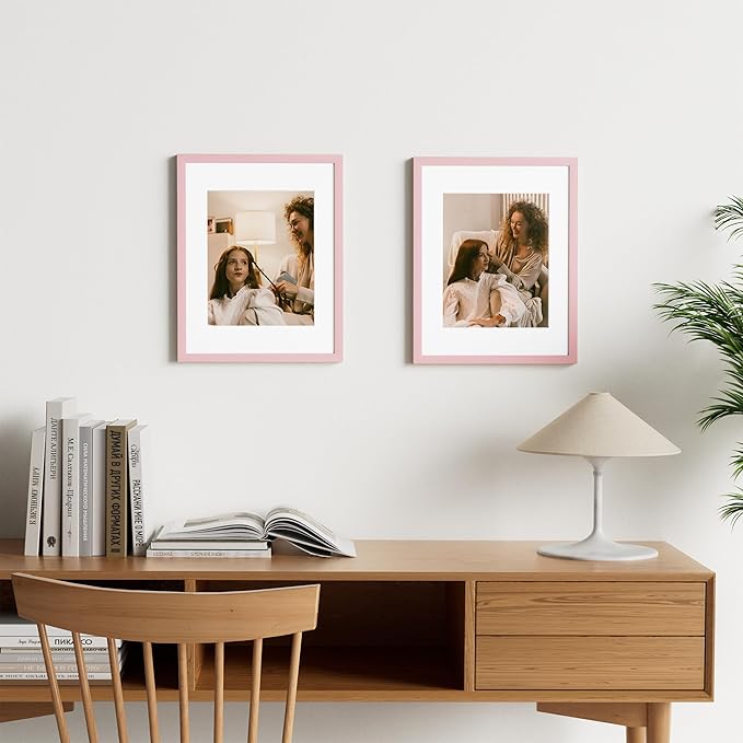 Vittanly 11x14 Picture Frame Set of 2, Solid Wood Frame for Wall Art Photo and Prints, Display Photo 8x10 with Mat or 11x14 without Mat, Pale Pink