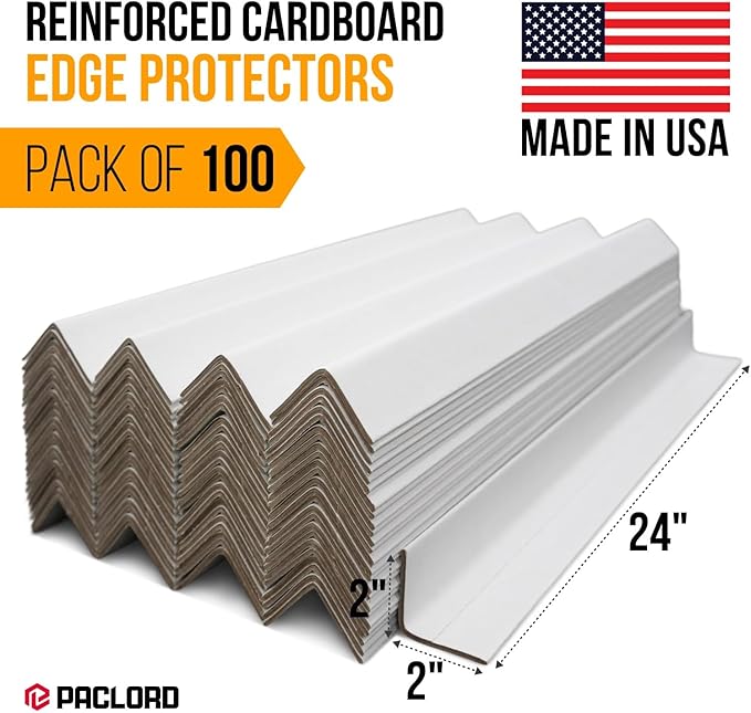 24" x 2" x 2" Reinforced Cardboard Edge Protectors, White (Pack of 100) – 0.12" Thick Medium-Duty Cardboard Corner Protectors for Shipping – American Quality V-Board Pallet Edge Guard