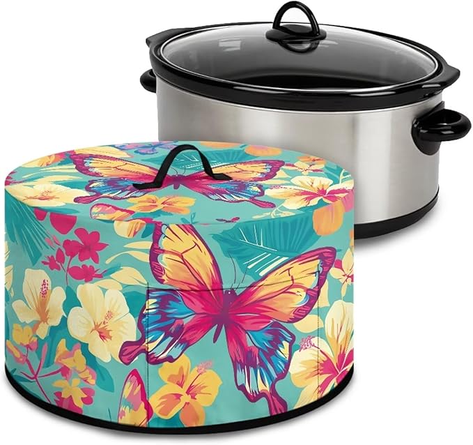 Butterfly Tropical Flower Leaf Print Slow Cooker Dust Cover Compatible with 6/7/8 Quart Slow Cooker Dust Proof Electric Slow Cooker Cover with Storage Pocket for Crock Pot Decor