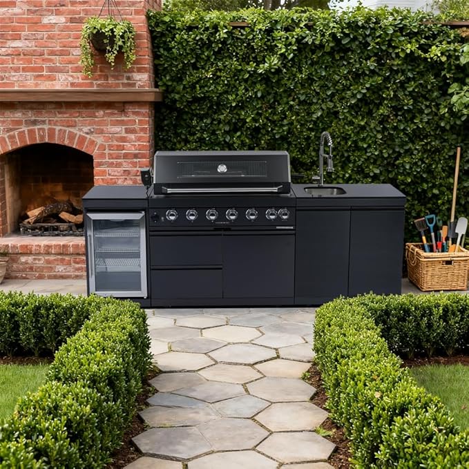 95-Inch Outdoor Kitchen Island Grill - 43” 6-Burner 85000 BTU Propane Gas Grill w/Wine Cooler/Refrigerator, Rotisserie Kit, Granite Countertops, Stainless Steel Sink, 304 Marine Grade SS, Black
