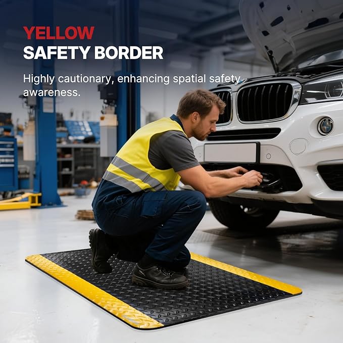 NORTHSKY Olympia Anti Fatigue Mat Industrial, Standing Mat, Yellow Border Safety, 12 x 3 ft, 15/16" Thick, Advanced High-Density Memory Foam, for Workshop Workstations, Laboratory Benches