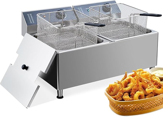 Dual 11L Commercial Deep Fryer | 304 Stainless Steel Dual Tank Design | 3400W Total Power (1700W x 2) 110V | with Extra Large Baskets & Lids for Restaurant & Food Service