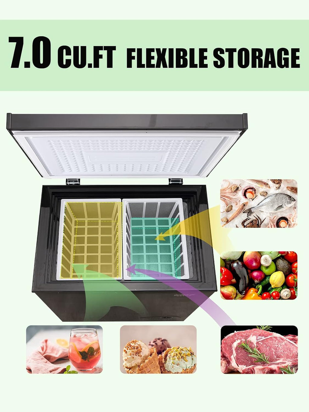 7.0 Cu.Ft Chest Freezer 7 Gears Temperature Control(-4°F to 6.8°F), Deep Compact Freezer with a Removable Basket, for House, Kitchen, Garage, Basement, Shop, Black