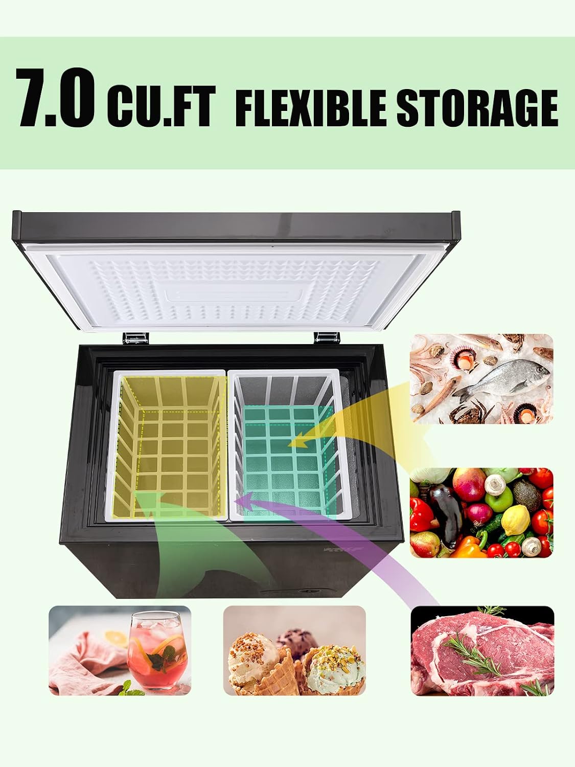 7.0 Cu.Ft Chest Freezer 7 Gears Temperature Control(-4°F to 6.8°F), Deep Compact Freezer with a Removable Basket, for House, Kitchen, Garage, Basement, Shop, Black
