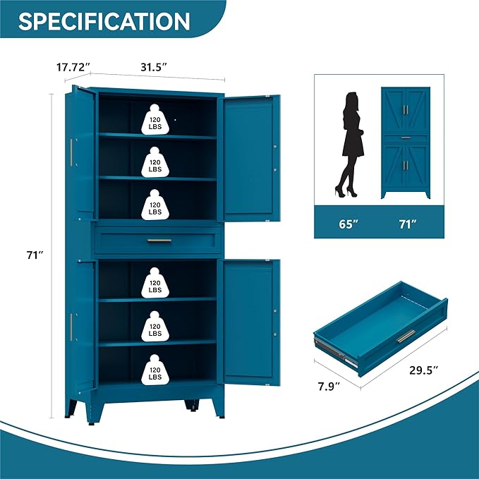 Metal Storage Cabinet with Drawer, 71" Tall Storage Cabinets with Adjustable Shelves,Blue Farmhouse Freestanding Kitchen Pantry Cabinet for Dining Room, Living Room