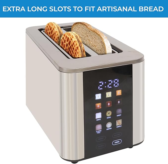 Kenmore 4-Slice Long Slot Toaster - Color Touch Screen & 6 Shade Settings, Extra Wide Slots, Digital Timer, Customizable Smart Presets, Reheat, Defrost, Add Time Functions, Stainless Steel