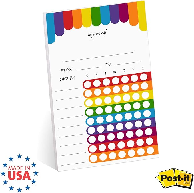 Cheerful Rainbow Weekly Chore Chart / 6" x 10" Sticky Note Fill in Task List/Engaging Week Assignment List