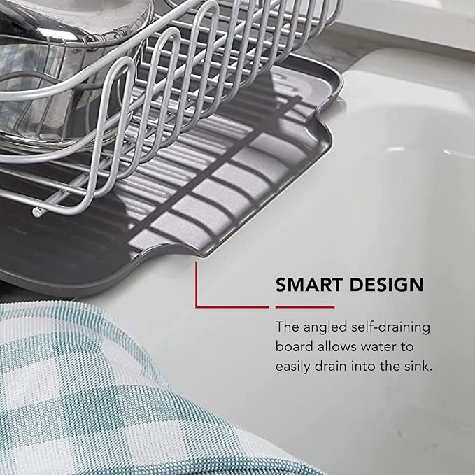 KitchenAid Large Capacity, Fully Size Self Draining Rust Resistatant Satin Coated Dish Rack with Removable Flatware Caddy 20.47-Inch, Gray