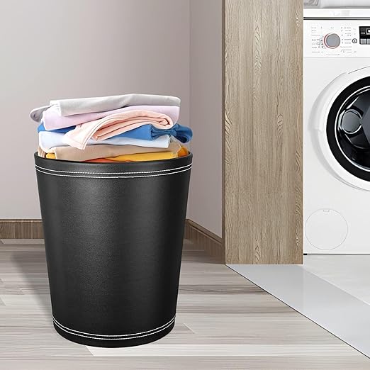 GORESE Pu Leather Trash Can, 2.6 Gallon Black Bathroom Trash Can, Small Office Garbage Can Wastebasket for Bedroom, Kitchen, Round Trash Bin Decorative Under-Sink/Desk/Home Easy to Clean