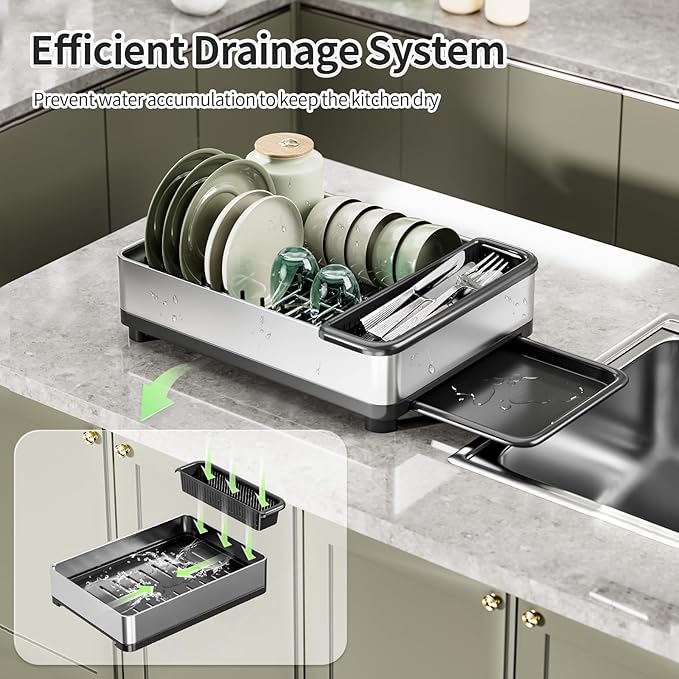Dish Drying Rack, 304 Stainless Steel Dish Racks for Kitchen Counter, Dish Drainers with Automatic Drainage, Utensil Holder & Cups Holder, Space Saving Kitchen Organizer (1-Tier Silver)