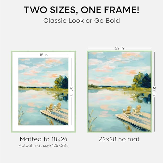 Homeforia 22x28 Sage Green Picture Frame, High End Metal 22x28 Poster Frames with Mat 18x24 inch Photo, 22 x 28 Thin Frame Matted to 18 x 24 Art, 28x22 Large Frames, Tempered Glass, Wall Kit, Set of 1