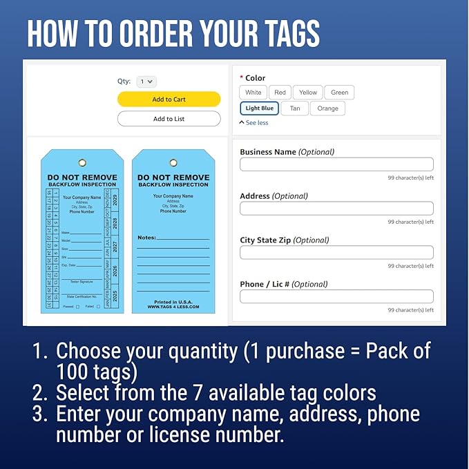 Tags 4 Less Custom Printed Backflow Inspection Tags – 2 5/8" x 5 1/4" Maintenance Record Tag for Backflow Test, Waterproof Heavy Duty Vinyl Plastic for Record-Keeping (Choose Color, Pack of 100)