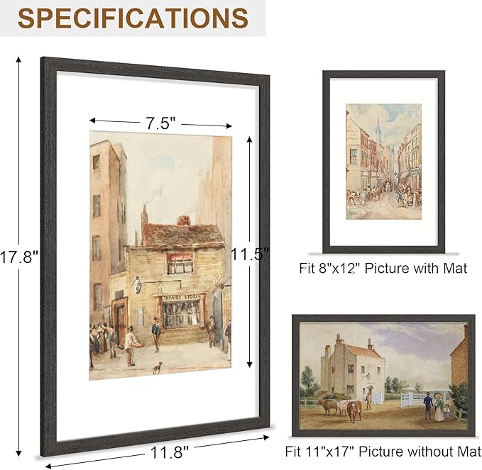 Vittanly 11x17 Picture Frame, Solid Wood Frame with Plexiglass, Includes 8x12 Mat, Wall Hanging for Photos, Home Decor, Black, 1 Pack