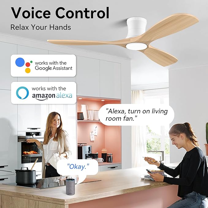 Smart 52” Wood Flush Mount Ceiling Fans with Lights and Remote,Quiet DC Motor,Outdoor Indoor Ultra Low Profile Ceiling Fan works with Alexa WIFI APP,Modern White Ceiling Fan for Bedroom Patio