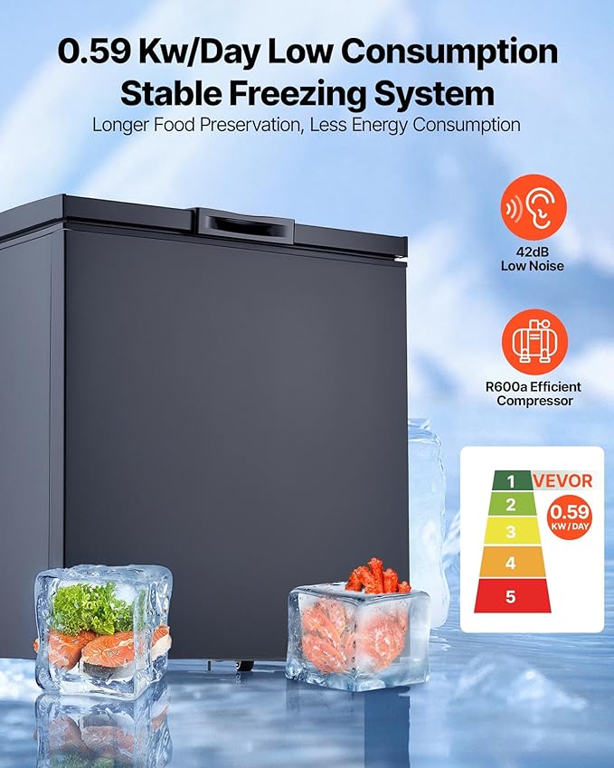 VEVOR Chest Freezer, 5 Cu.ft Compact Deep Freezer, Free Standing Top Open Door Chest Freezers with 2 Removable Baskets & Adjustable Thermostat - Energy Saving, Low Noise & Garage Ready, Black