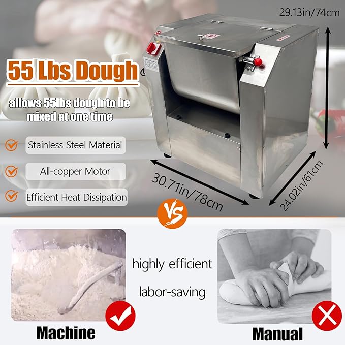 TECHTONGDA Commercial Dough Mixer All Stainless Steel Pizza Dough Mixer 110V Dough Blender Kneading Machine with 25 KG Kneading Capacity and 90 Degree Tilt for Schools Bakeries Restaurants Pizzerias