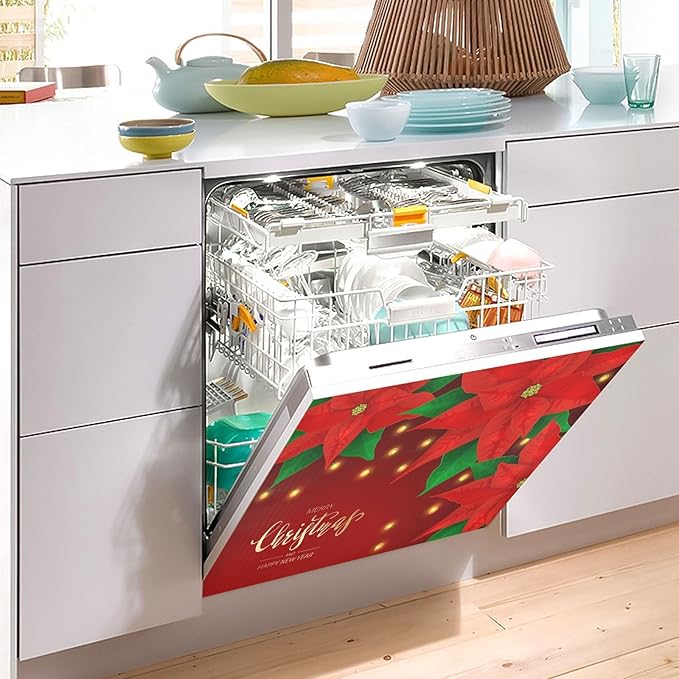 Red Poinsettia Flowers Christmas Lights Dishwasher Magnet Cover Sticker Magnetic Refrigerator Panel Front Door Fridge Microwave Decal Decorative