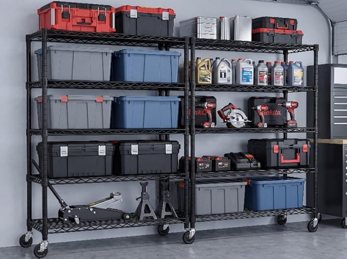 PrimeZone 74''H Wire Shelving 1250lbs 5 Tier Storage Shelves with Wheels NSF Certified Heavy Duty Steel Metal Shelf Adjustable Rolling Rack Kitchen Garage Closet Pantry Laundry 74''HX36''WX14''D