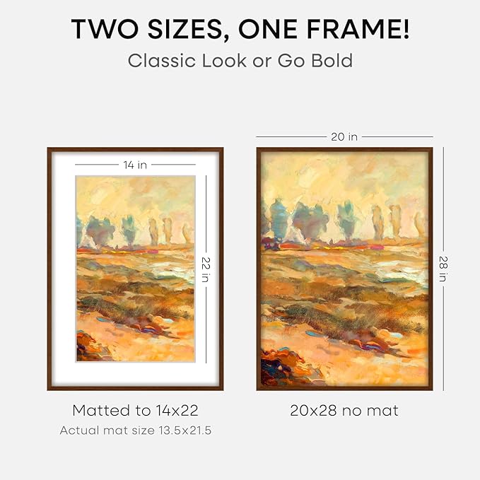 Homeforia 20x28 Picture Frame Brown, High End Dark Oak 20x28 Walnut Wooden Poster Frames with Mat 14x22, 20 x 28 Wood Frame Matted to 14 by 22, 28x20 Hanging Frames, Tempered Glass, Wall Kit, Set of 2