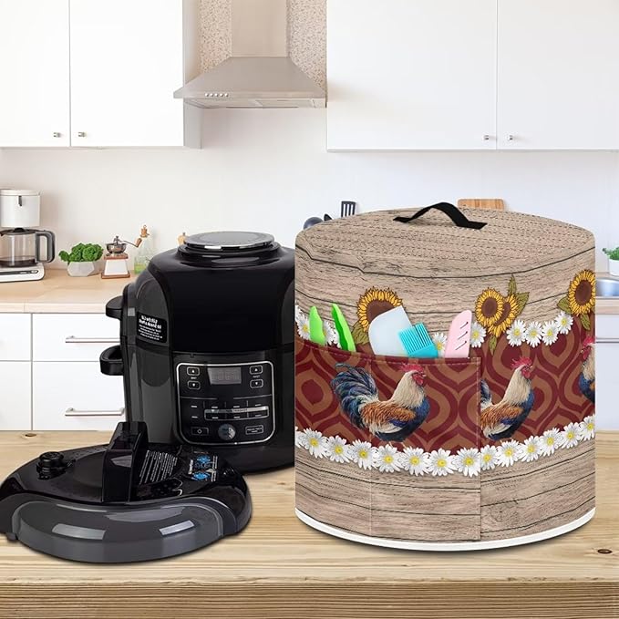 Air Fryer Dust Cover Compatible with 6 Quart Instant Pot, Insulated Kitchen Appliance Cover with Top Handle and Storage Pockets for Gift, Daisy Rooster Wood Grain
