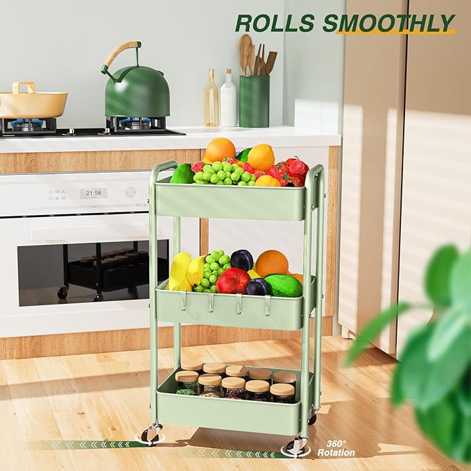 LEHOM 3 Tier Rolling Storage Cart, Metal Trolley Utility Cart with Wheels & Hooks, Easy Assembly Organizer Storage Cart for Bathroom Kitchen Office Bedroom