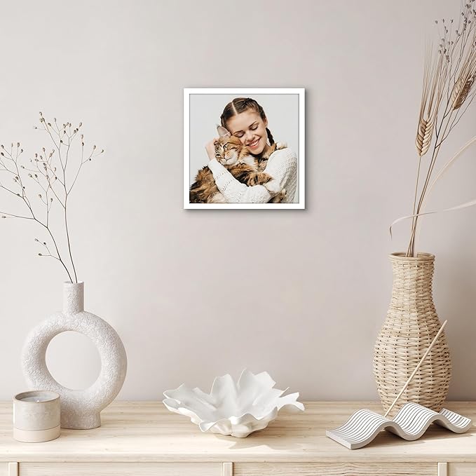 Americanflat 8x8 Picture Frame with Shatter-Resistant Glass - Streamline Collection - Thin Border Square Frame for Tabletop and Wall Display - Hanging Hardware and Easel Stand Included - White