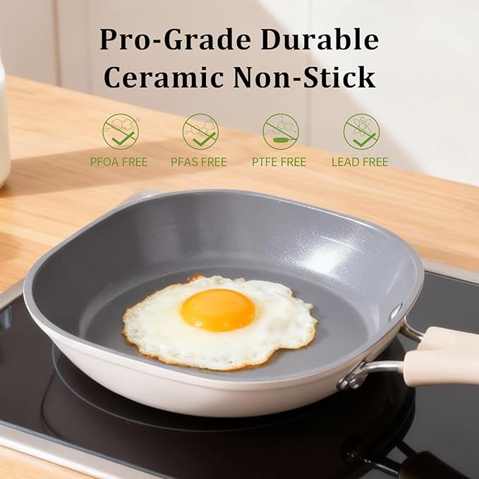 8 Inch Ceramic Nonstick Frying Pan Skillet - Dual Ceramic Coating (Inside & Outside), PFAS & PFOA-Free, Induction Compatible, Dishwasher Safe, Stay-Cool Handles, Eco-Friendly & Non-Toxic Cookware